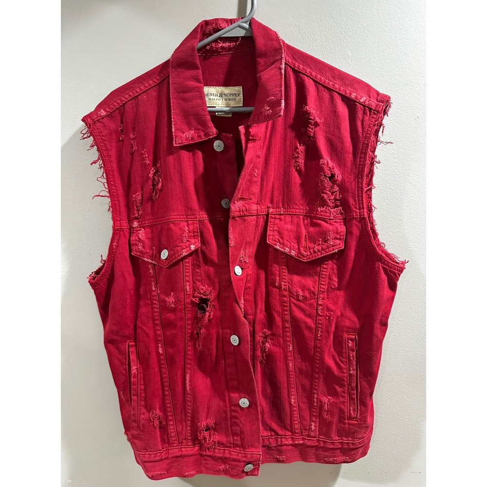 Denim & Supply Ralph Lauren Red Distressed Denim Vest Rare Sleeveless Jacket L